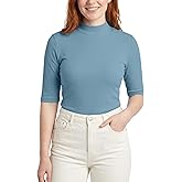 Zengjo Womens Mock Turtleneck Elbow Sleeve Tops - Fitted Stretch Ribbed Shirt for Work & Casual Wear