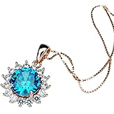 Blue Topaz Necklace - Rose Gold coated Sterling Silver Princess Diana Style Halo Sunflower 8mm 2 CT Lab Created Blue Topaz Jewelry