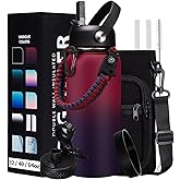 32OZ Insulated Water Bottle with Straw - Spout Lid, Sweat-Proof & BPA-Free Metal Reusable Water Bottles, Wide-Mouth Vacuum Insulated Bottle with Paracord Handle, Bottle Sleeve Bag & Protective Boot
