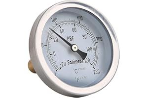 Solimeta 2.5" Bimetal Dial Thermometer, 0-250 deg F/-20-120 deg C, Lead Free Brass Stem with Pocket
