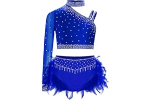ranrann Kids Girls Shiny Dance Crop Top and Feather Briefs Skirt Sparkly 2 Piece Jazz Ballet Gym Dance Outfit