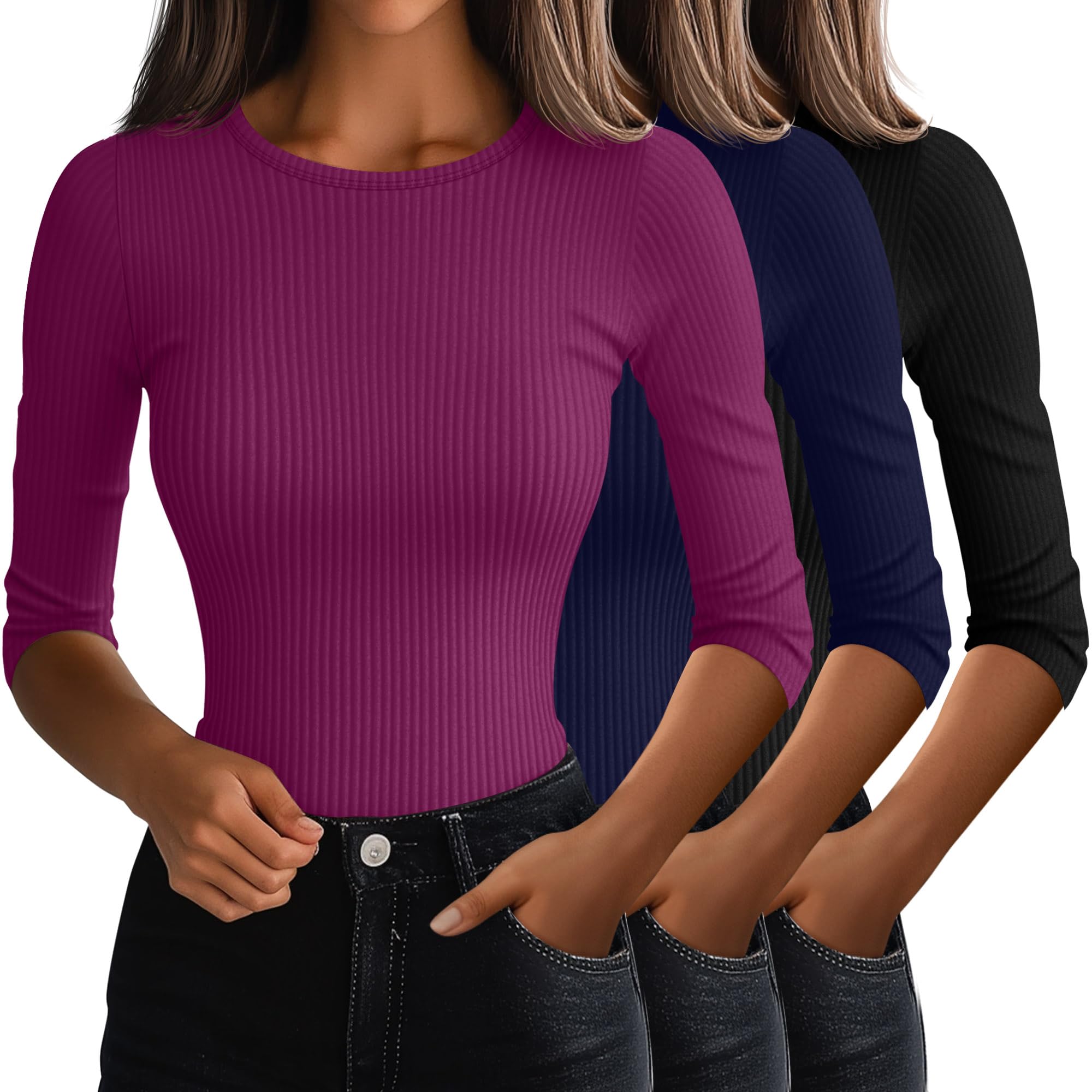 Photo 1 of * does not come with the navy blue one *
Ficerd 3 Pack 3/4 Sleeve Tops for Women, Cotton Knit Ribbed T Shirts Basic Slim Fit Stretch Tees Casual Crew Neck Shirts(Black, Navy Blue, Fuchsia,Large)