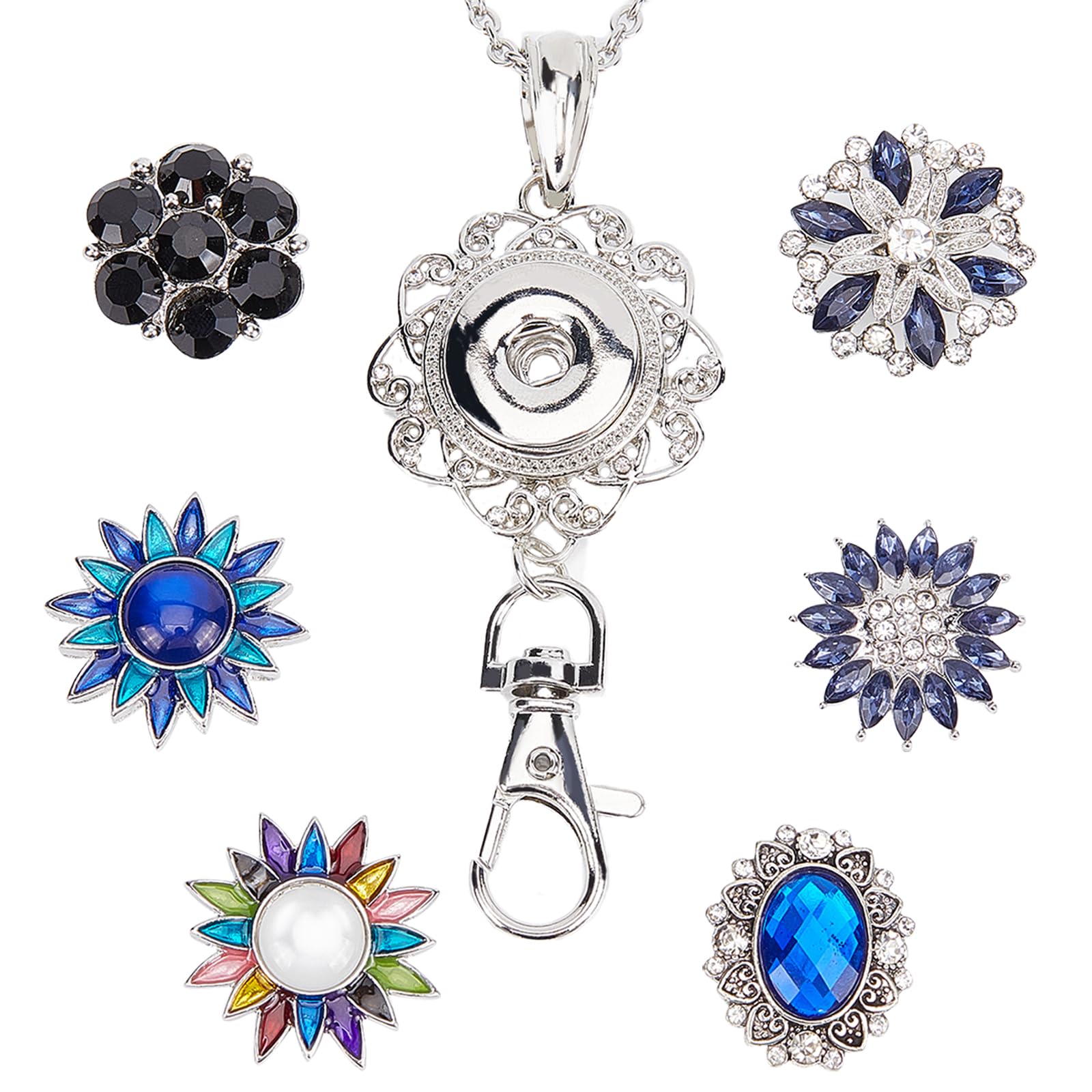 SUNNYCLUE 1 Box ID Badge Lanyard Snap Button Lanyards Flower Rhinestone Lanyard Necklace Badges Holder Kit Interchangeable Lanyards Stainless Steel Chain Cute Office Badge Holder Breakaway for Women