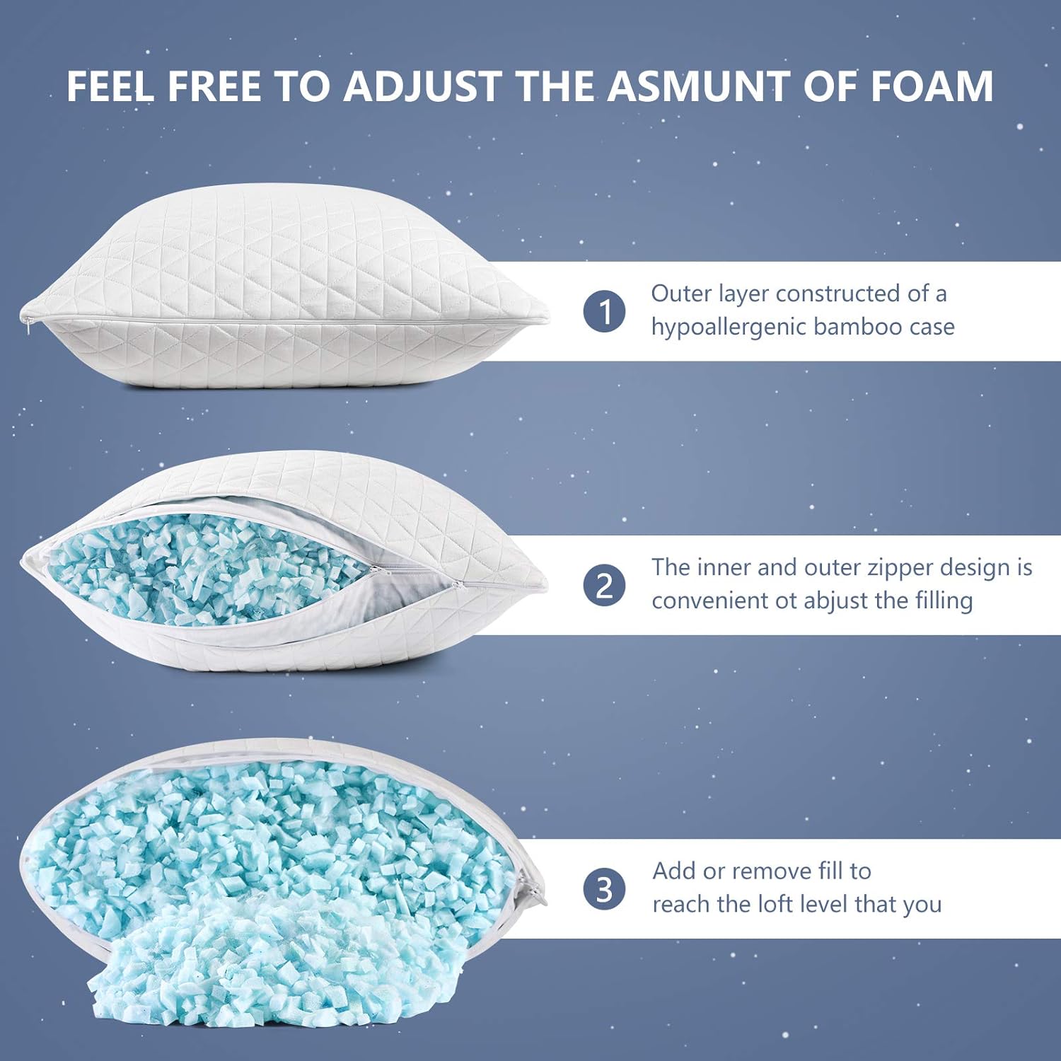 Starcast Shredded Memory Foam Pillow for Sleeping - Adjustable Bamboo Cooling Gel Pillows for Side Stomach Back Sleeper，-CertiPUR-US （20×26） Inches- Standard Size: Kitchen & Dining