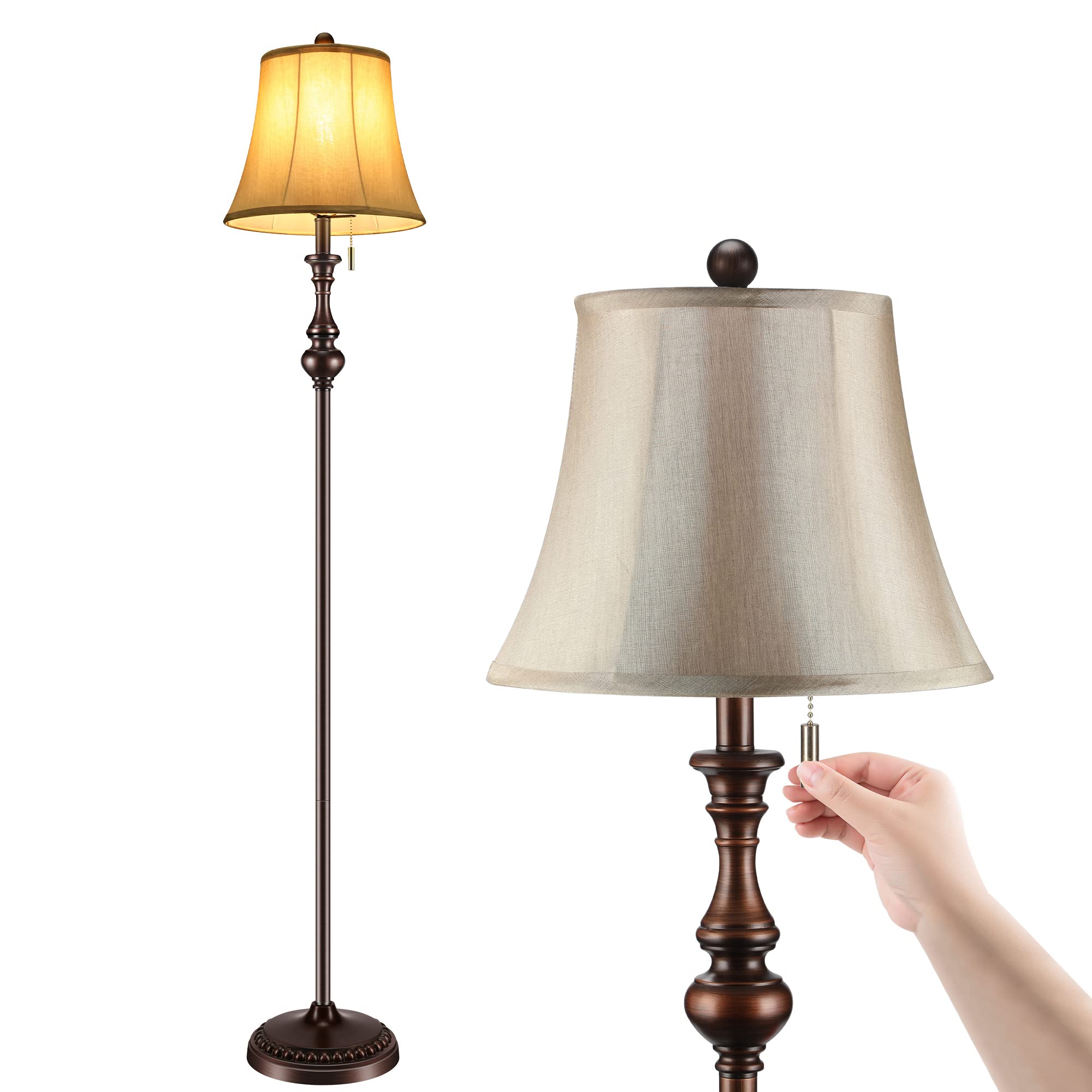Photo 1 of LINNMON Floor Lamp, Corner Standing Lamp, Vintage Pole Lamp with Light Golden Fabric Shade, Rustic Tall Stand Up Lamp for Living Room, Bedroom, Office, Bright Floor Lamp with Pull Switch (Classic)