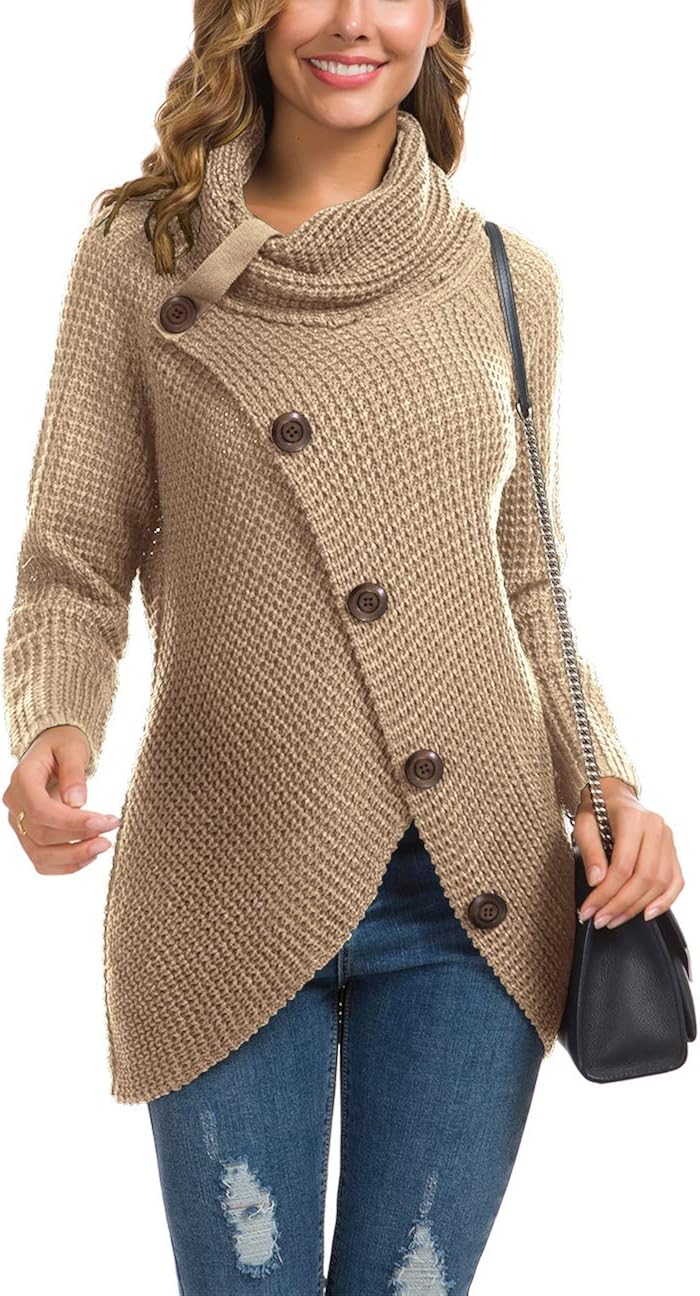 GRECERELLE Women's Casual Turtle Cowl Neck Asymmetric Hem Wrap Pullover Chunky Button Knit Sweater at  Women’s Clothing store