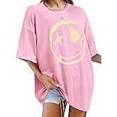 WLLW Oversized Graphic Tshirts for Women Drop Shoulder Crewneck Short Sleeve Summer Loose Graphic Tees Tops