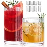 LUNA & MANTHA Ribbed Glasses Drinking Set of 8-17oz Large Capacity Highball Glasses, 12oz Rocks Glass Cups, Vintage Cocktail Glasses, Ideal for, Water, Ice Coffee Cup, Whiskey, Mixed Drinkware