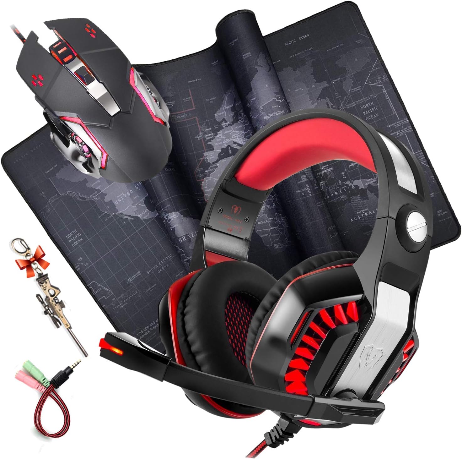 Headset Mouse with Mouse Pad Combo, Professional PC GM-2 Gaming Headphone with Mic，Silent Click Mechanical Gaming Mouse, Game Large Mouse Mat (23.6x11.8x0.8IN/60x30x0.2CM, Map)