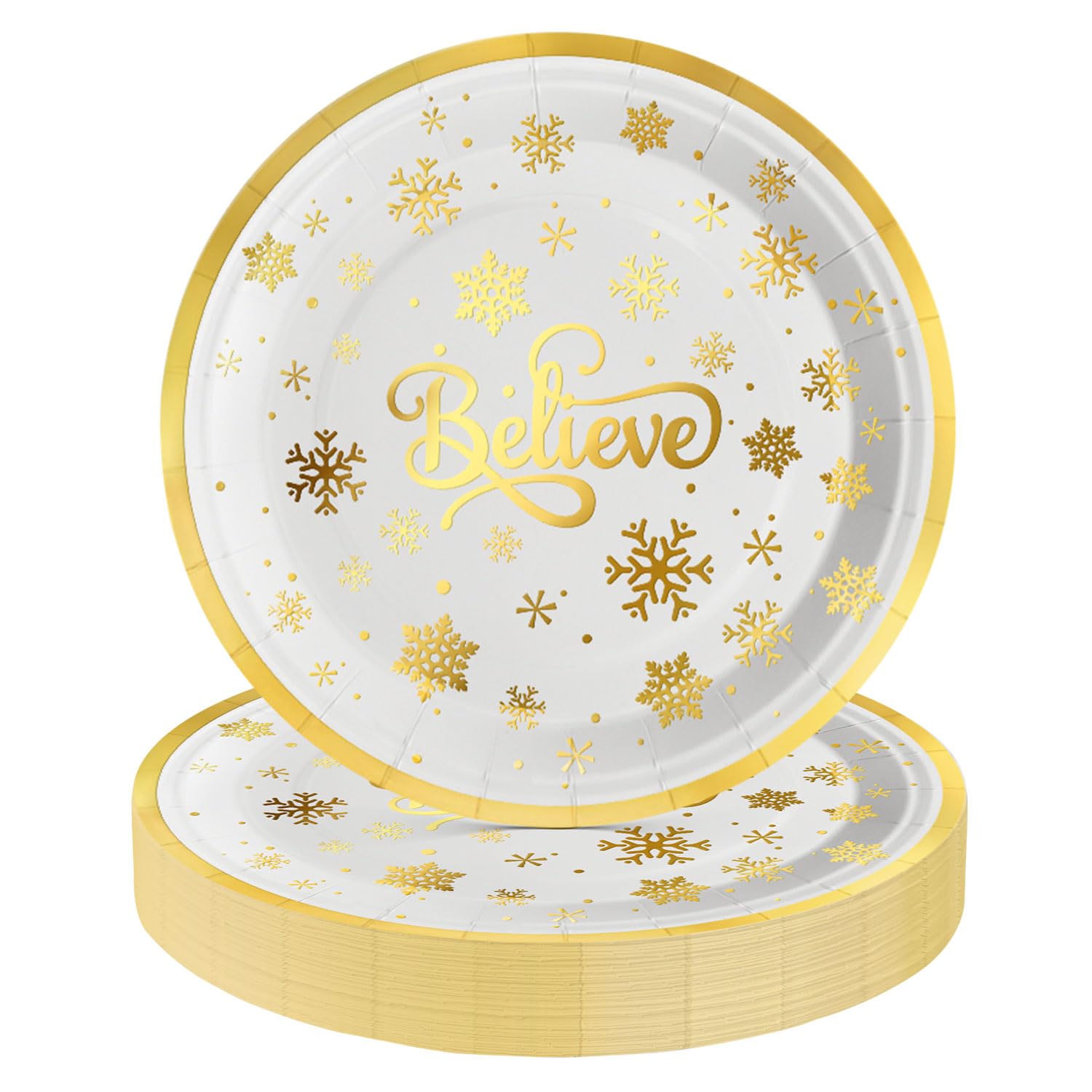 Photo 1 of **FACTORY SEALED** Horaldaily 24Pcs Christmas Paper Plates, Gold Foil Believe Snow Plates for Party Birthday Holiday Dinner Event Disposable Tableware Supplies Decor, 7lnch