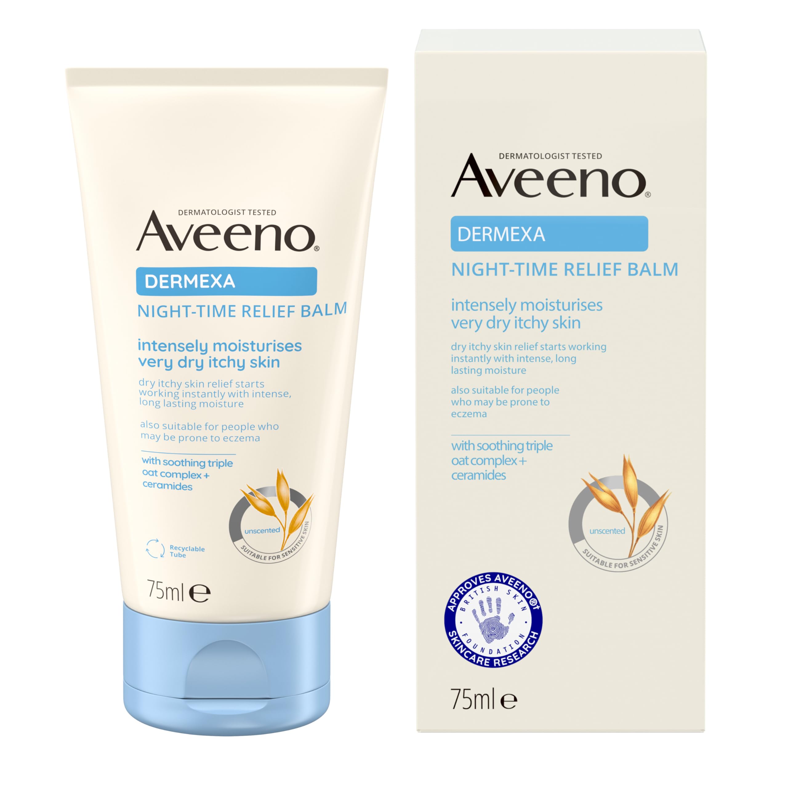 Aveeno Dermexa Night-Time Relief Balm 75 ml for Very Dry Itchy Skin with Prebiotic Triple Oat Complex and Ceramides to Soothe and Strengthen Skin Barrier Overnight