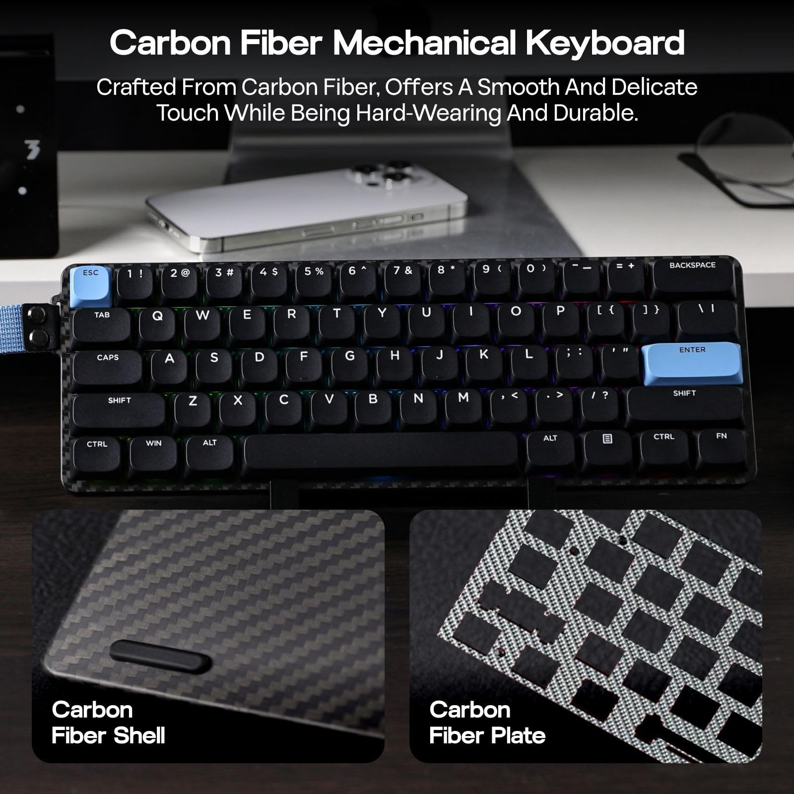 EPOMAKER Carbon60 QMK/VIA Wireless Mechanical Keyboard, 60% Compact Layout, Tri-Mode Bluetooth/2.4GHz/USB-C, Carbon Fiber Design, Hot Swappable (Gateron Low-Profile Red Switch)