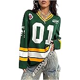 SOLY HUX Women's Number Graphic Tees Y2k Football Jersey Shirt Long Sleeve V Neck Oversized Tops Streetwear