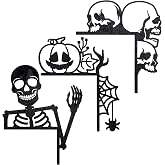 Sintuff 3 Pcs Wooden Halloween Door Topper Decor, Black Skeleton Skull Sign | Halloween Door Frame Decoration, Spider Web Pumpkin Designs, Cabinet Bathroom Corners, Gothic Party Atmosphere Setup, Window