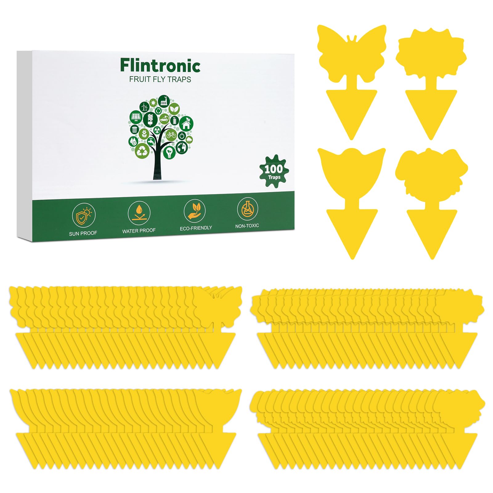 Flintronic Fruit Fly Traps, 100 Pack Yellow Double-sided Fungus Gnat Sticky Catcher, Double-Sided Fly Catchers, for Protect Plants and Control Multiple Insects