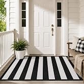 3x5 Ft Black and White Striped Reversible Plastic Straw Outdoor Rug | Waterproof Woven Patio Mat. For Porch, Deck, Balcony, Camping, RV, Picnic, and Beach Use.