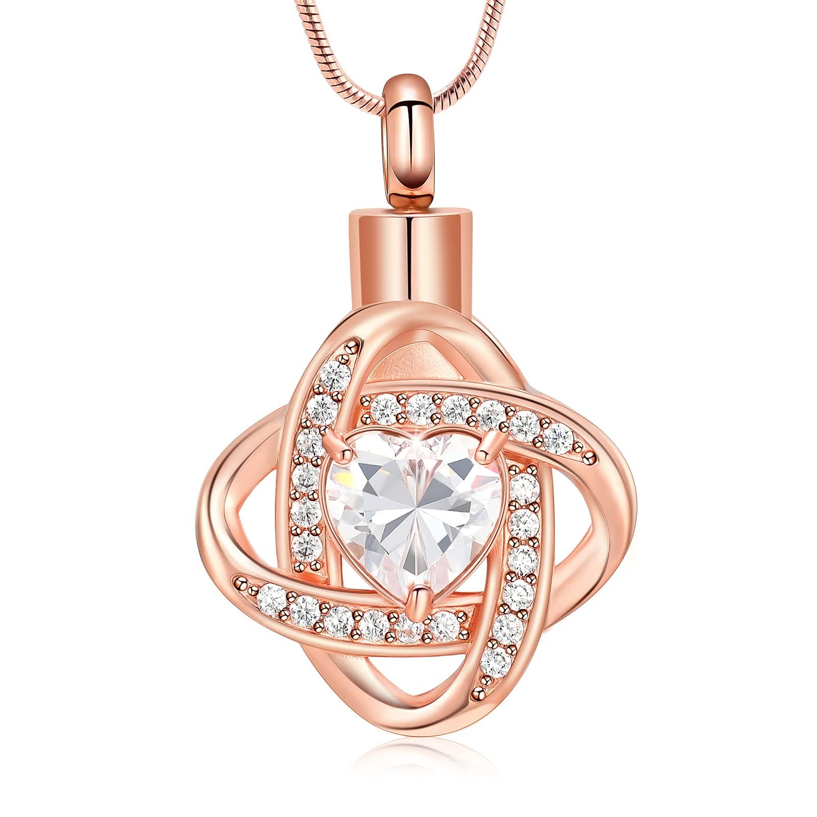 Love Knot Birthstone Urn Necklaces for Ashes Cremation Jewelry Urns Pendant for Human Ashes Memorial Keepsake Jewelry for Loved One (Rose-white)