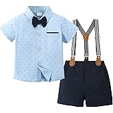 YUEMION Baby Boy Clothes Suits, Toddler Summer Formal Short Shirt+ Bowtie+ Suspender Shorts Gentleman Wedding Outfit(12M-5T)