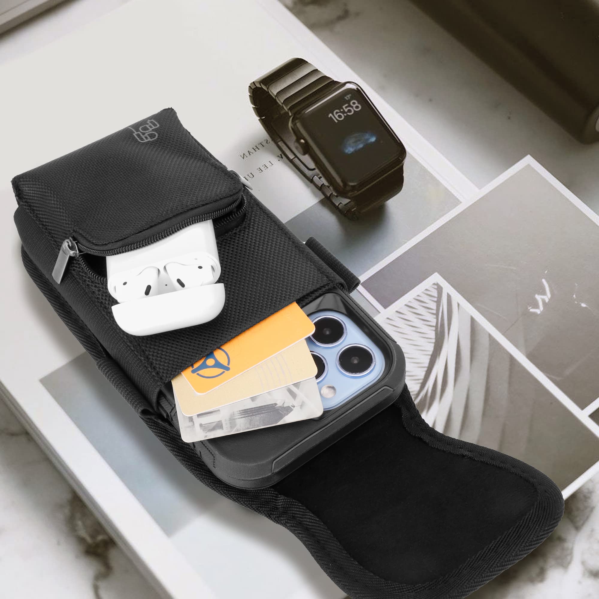Perilogics Phone Holster with Magnetic Cover. Belt Clip Pouch for iPhone 16 Plus, 16 Pro Max and All Plus and Pro Max Models with Case Installed. Zipper Storage and Credit Card Pocket.