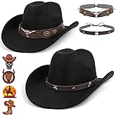 2 Pieces Western Cowboy Hat for Men Women Classic Fedora Hat with 3 Buckle Belt 4pcs
