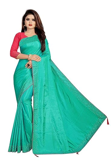 Market Magic World Womens Latest Sana Silk Stone Studded Saree with Contrast Blouse