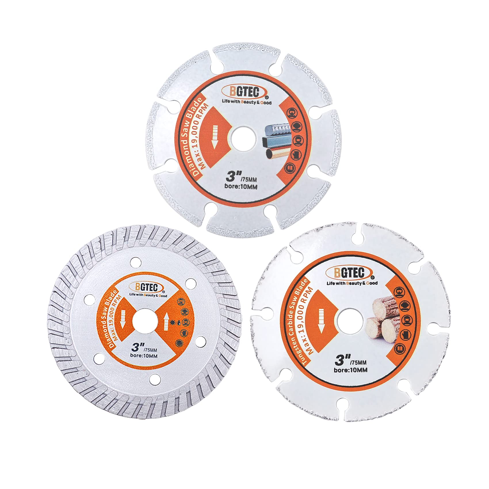 BGTEC Diamond Cutting Blade, 3pcs 75MM x 10MM Arbor Circular Saw Blade for Wood Metal Concrete — image 1