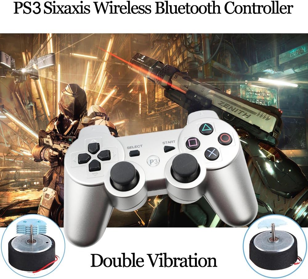 Autker PS3 Controller Wireless 2 Pack Playstation 3 Controller Double Vibration for PS3 with 2 Charging Cable (Silver+Red): Electronics