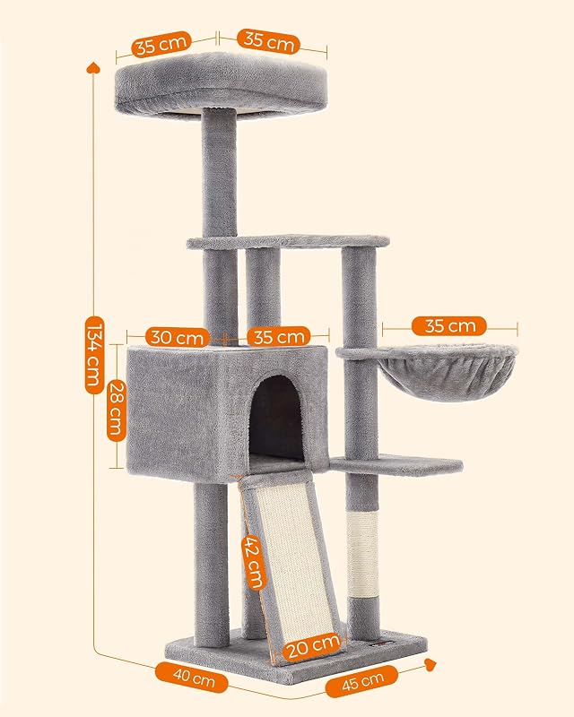 Pequena árvore para gatos, 135 cm, condomínio de peluche de vários níveis, com cobertura de plataforma removível e lavável, costas para arranhar, cesto, caverna, cinzento claro