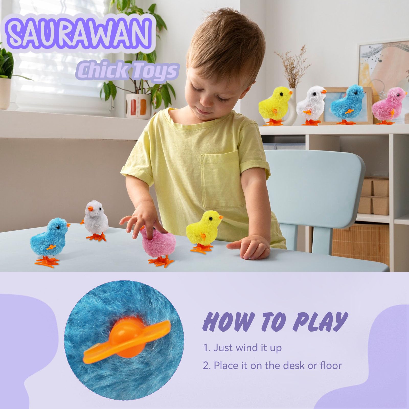 2-PCS Chicken Plush Wind Up Toys for Kids and Toddlers Ages 1-3, Wind Up Easter for Easter Egg Fillers, Goody Bag Stuffer, Birthday Gifts - Soft Kawaii Baby Chick Toys