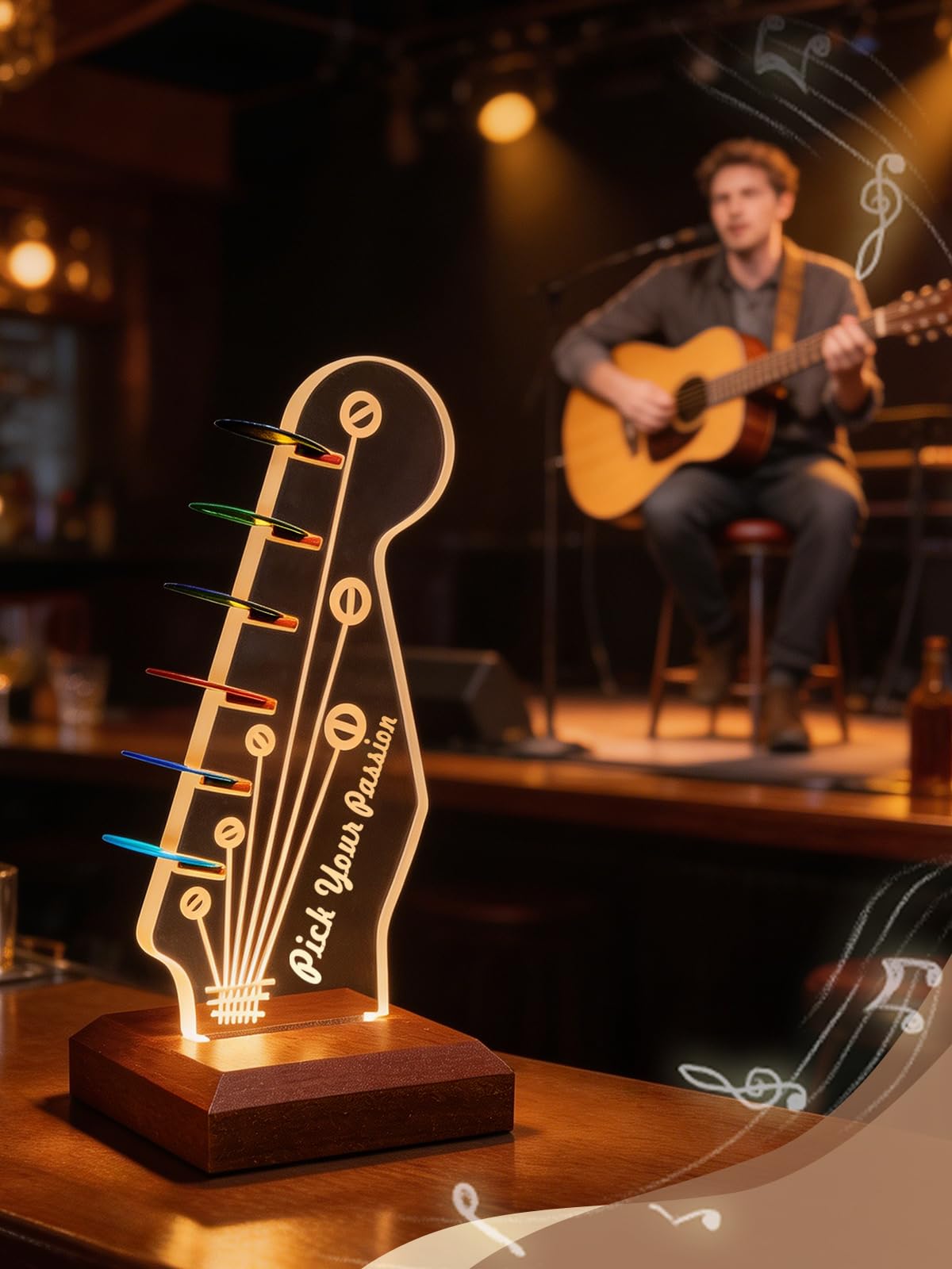CoolGift Mart Light Up Gitarren-Pick-Halter, Acryl E-Gitarre Kopfplatte geformt Pick-Halter mit hölzernen Basis für Picks Lagerung und Anzeige, Geschenk für Gitarrenspieler Gitarristen 4