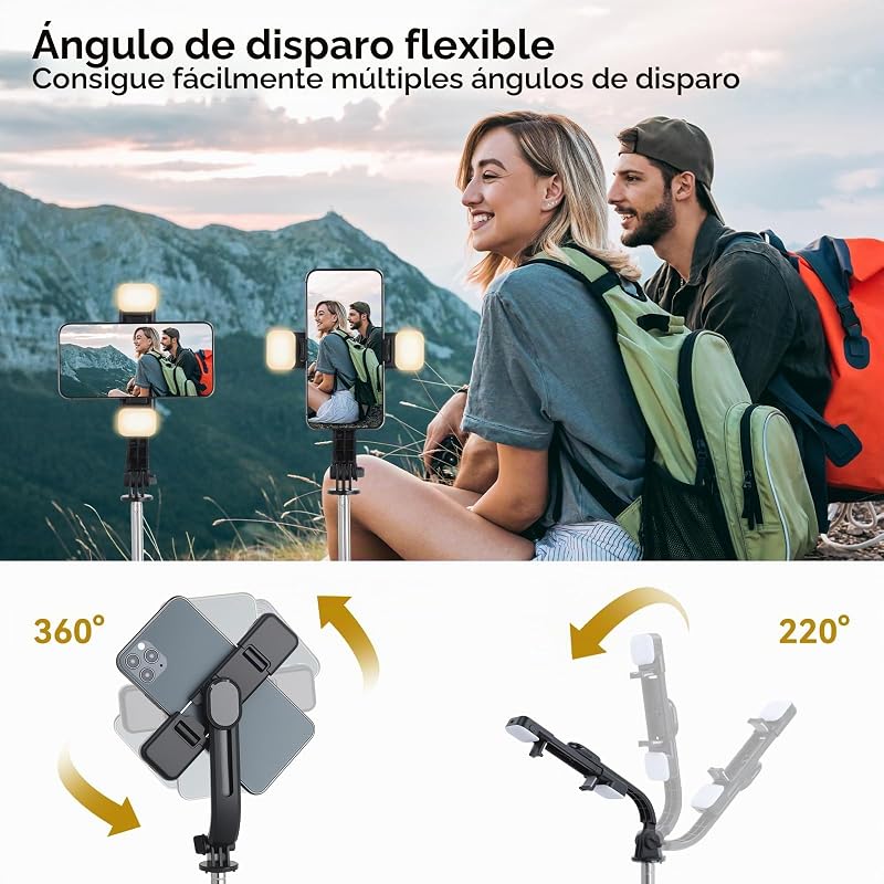 Tripé para selfies para telemóvel com 2 luzes, tripé móvel extra comprido de 116 cm com comando remoto destacável, compatível com a maioria dos iPhones, Samsung e telemóveis Android