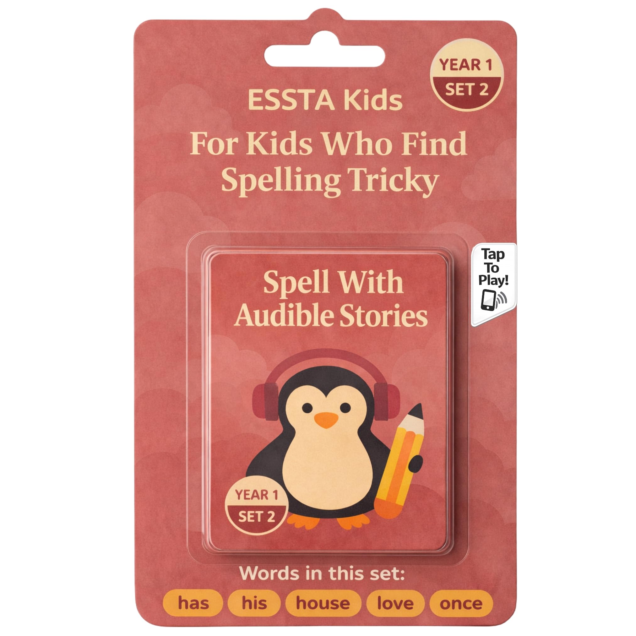 ESSTA Kids Spell With Audible Stories Year 1 Spelling Kit, UK National Curriculum Statutory Words (Has, His, House, Love & Once) & Illustrated Flash Cards, Spelling Games for Kids