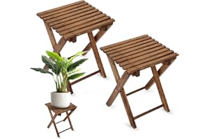 TIMBERHOLM Pack of 2 Small Folding Table, Portable Acacia Wood Side Table, Small Wooden Folding Coffee Table for Patio, Porch, Balcony, Indoor Plant Stand, Walnut, 14 inches Height