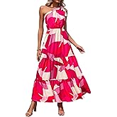 PRETTYGARDEN Women's Summer Floral One Shoulder Maxi Dress Knot Ruffle Boho Beach Vacation Wedding Guest Long Sun Dresses