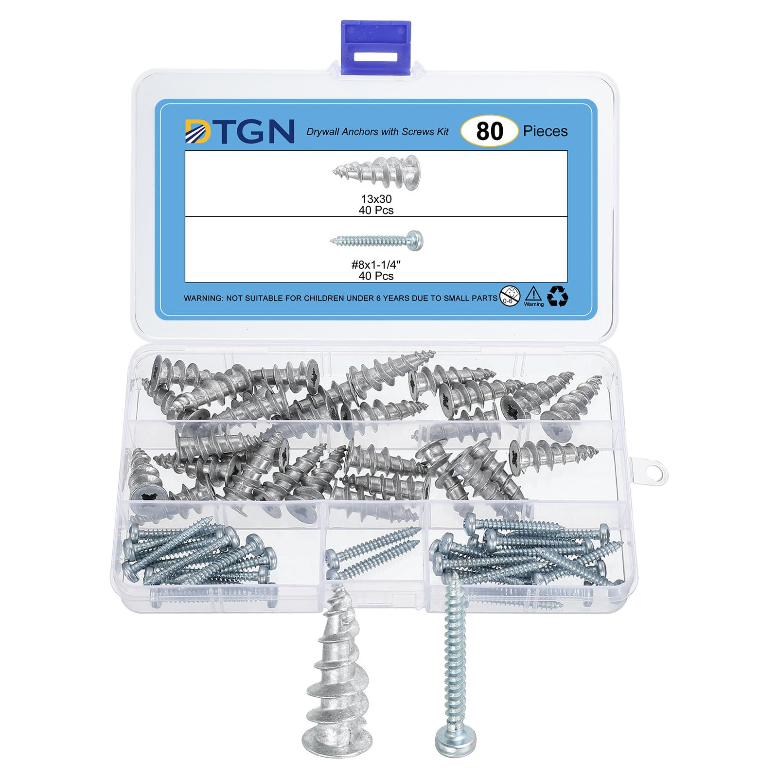 DTGN 13x30mm Self-Drilling Drywall Anchors with Screws Kit - 30 Set - Good for Concrete Tile Cement - Zinc Alloy Hollow Wall Anchors Kit with Screws