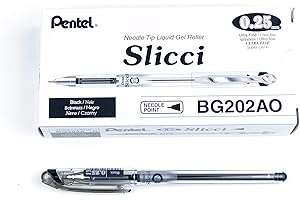 Pentel Arts Slicci Liquid Gel Rollerball Pens, Art, Sketching, Journaling, 0.25mm Extra Fine Point, Black Ink, BG202A, Box of