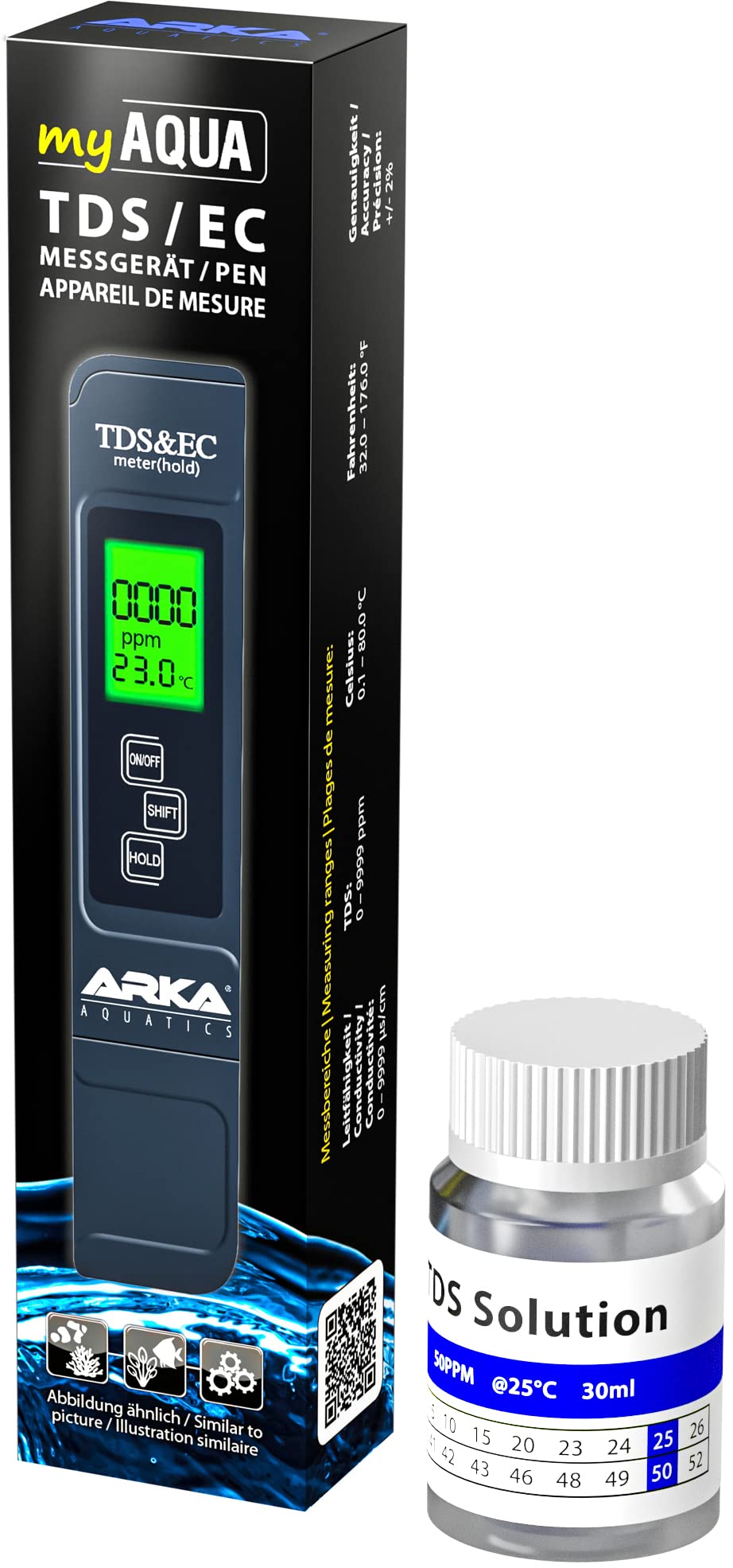 ARKA - myAqua TDS/EC Meter Including Calibration Solution - Quickly and Safely Measures The Anti-Dissolved Substances TDS, The Electrical Capacity EC & Temperature of Water