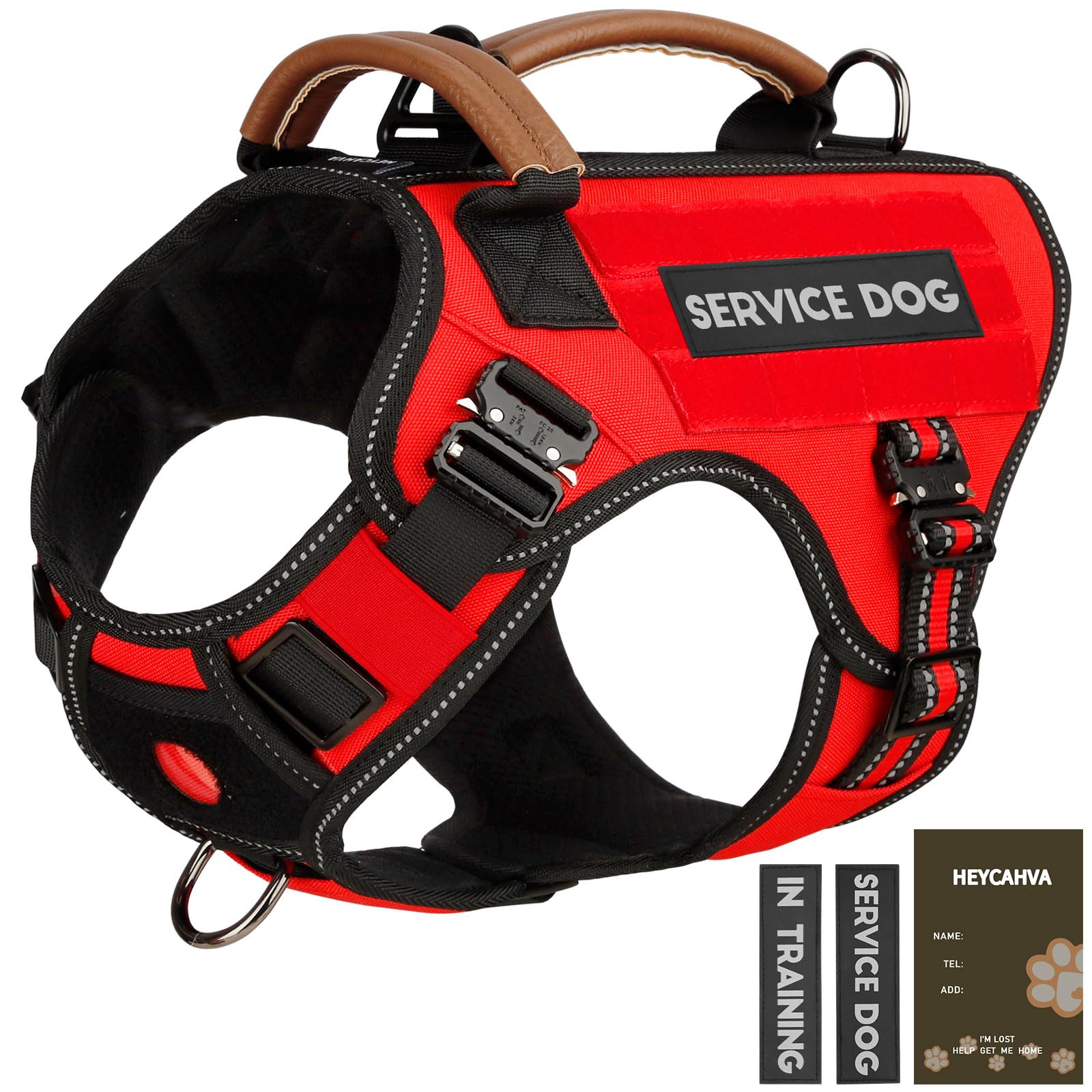 Service Dog Vest - HEYCAHVA Tactical Dog Harness Full Metal Buckles Dog Vest For Large Medium Dog Reflective No Pull Dog Harnesses Vest With Leather Handle Hook Loop For Hiking Training Red Xl