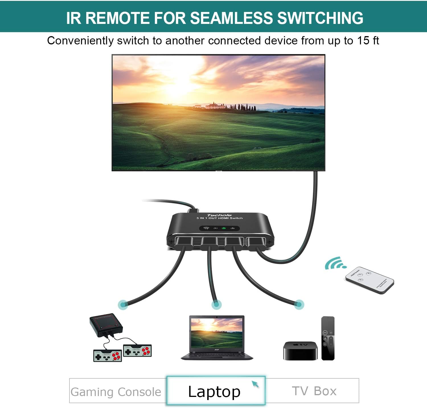 HDMI Switch 4k HDMI Splitter-Techole Aluminum HDMI Switch 3 in 1 Out, HDMI Switch with IR Remote Control, Supports 4k@60HZ 3D HD1080P, HDMI Switcher for PS4 Xbox Apple TV Fire Stick Blu-Ray Player: Home Audio & Theater