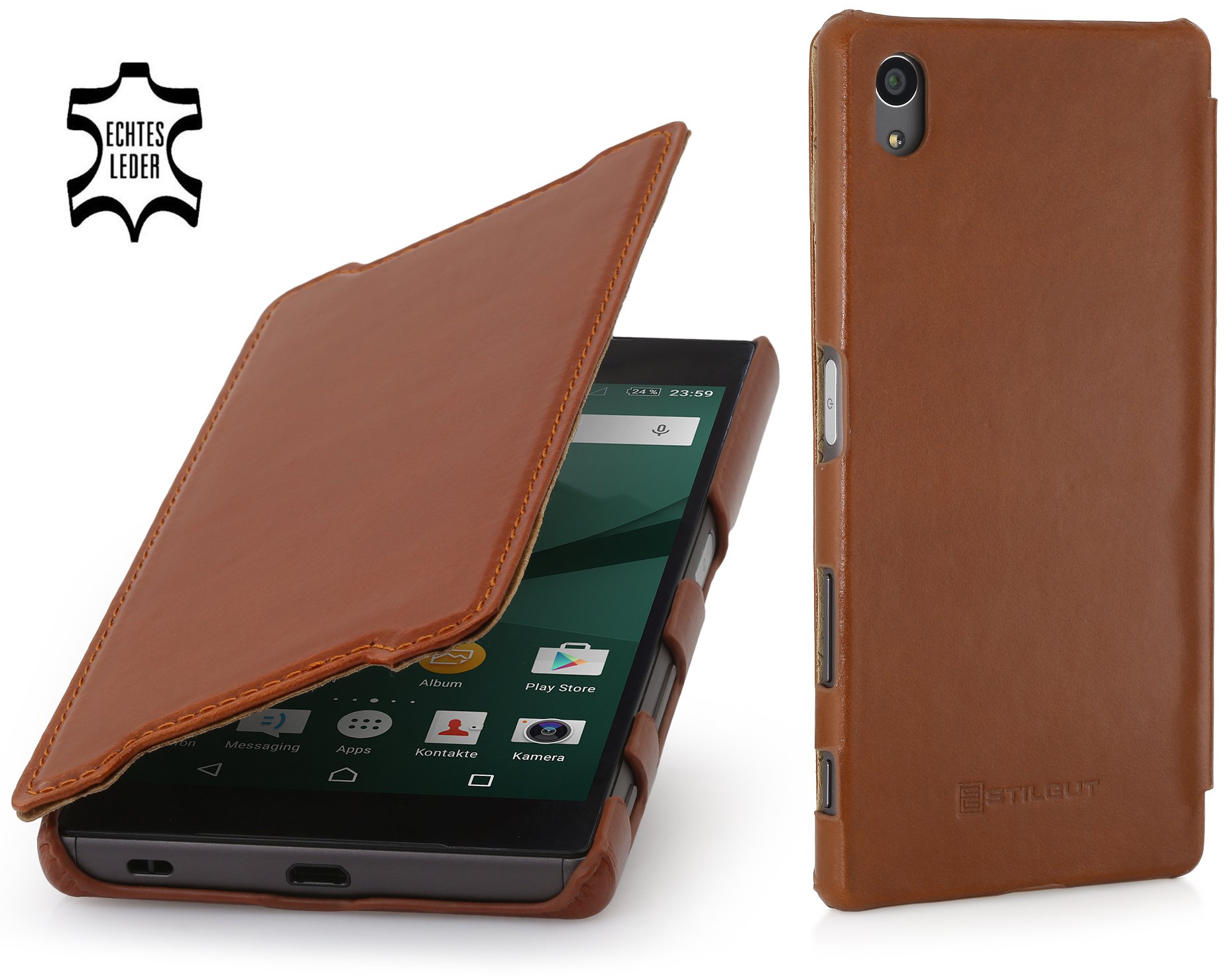 StilGut Book Type, Genuine Leather Case, Cover for Sony Xperia Z5 & Z5 Dual, Cognac Brown