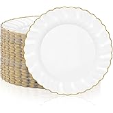 Hushee 50 Pcs Plastic Plates with Gold Trim 6'' Small Round Disposable Vintage Dessert Plates for Party Birthday Buffet Wedding Catering Celebration Reception (White)