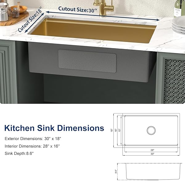 GZOII GOLD UNDERMOUNT WORKSTATION KITCHEN SINK, GOLD DECOR 30 INCH STAINLESS STEEL SINGLE BOWL KITCHEN SINK WITH ACCESSORIES, 30×18×9 INCH