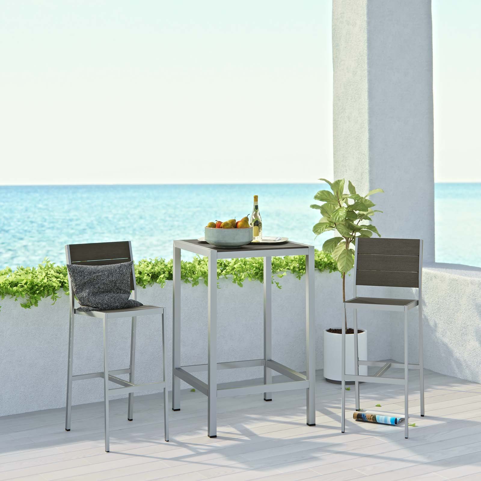 Photo 1 of ** PATIAL SET ONLY *** ONLY 2/3 Boxes ****Modway Shore Aluminum 3-Piece Outdoor Patio Pub Bistro Set with 28" Bar Table and Two Armless Bar Stools in Silver Gray