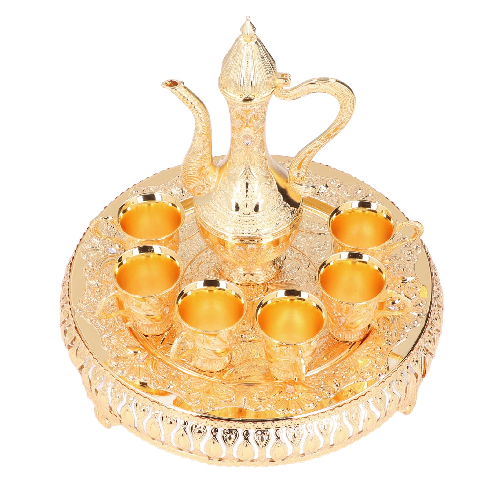 BHDK Metal Wine Glass Jug Set,Vintage European Russian Style Art Crafts Wedding Gift Wine Pot Kit with 6 Luxury Coffee Cups & Craft Tea Tray for Serving Tea Coffee Cappuccino,Ottoman Trim Weddin Gift