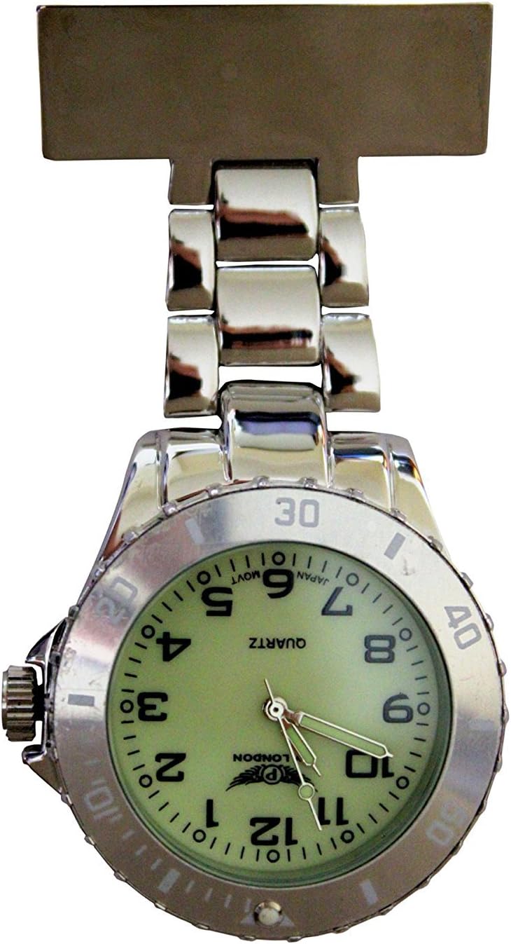 NY London Silver with Green Luminous Face Metal Nurse Doctor Paramedic FOB Watch Brooch Extra Battery