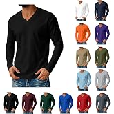 Mens Long Sleeve Shirt V Neck T Shirts Casual Cotton Plain Basic Tee Lightweight Breathable Classic Slim Fit Shirt