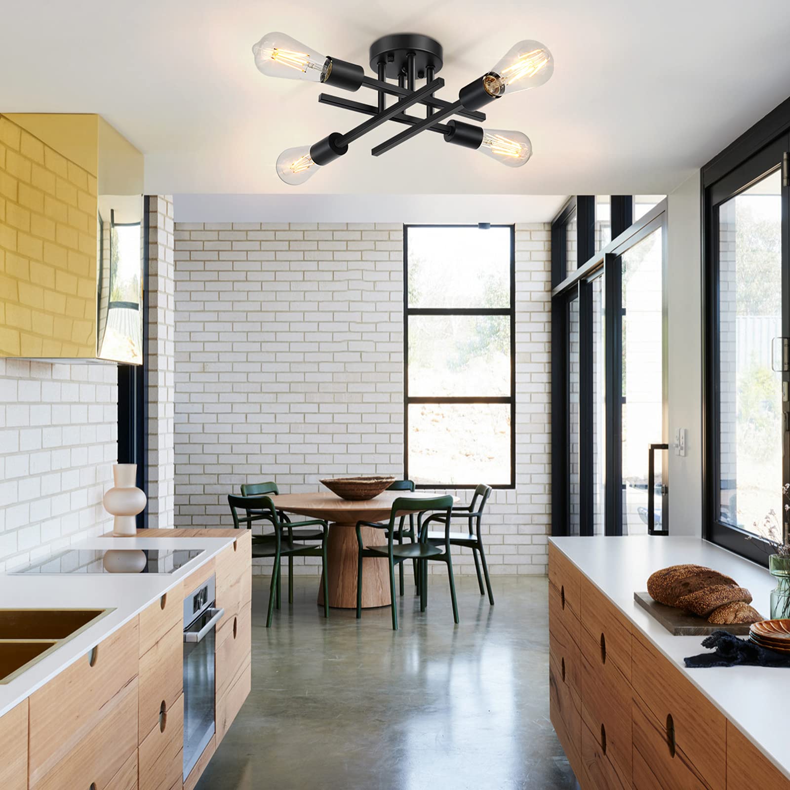 SunRider Industrial 4-Light Semi Flush Mount Ceiling Light Fixture, Modern Farmhouse Lights Matte Black, Rustic Sputnik Chandelier for Bedroom Foyer