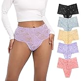 Yuamose High Waisted Lace Thongs Panties For Women Plus Size Retro Thong High Rise Lacy Underwear Pack 5 Size S-4XL