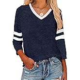 XIWUKOD Womens Tops V Neck Color Block Tee Striped Tunics 3/4 Sleeve Fashion Comfy Shirt Basic Tshirts