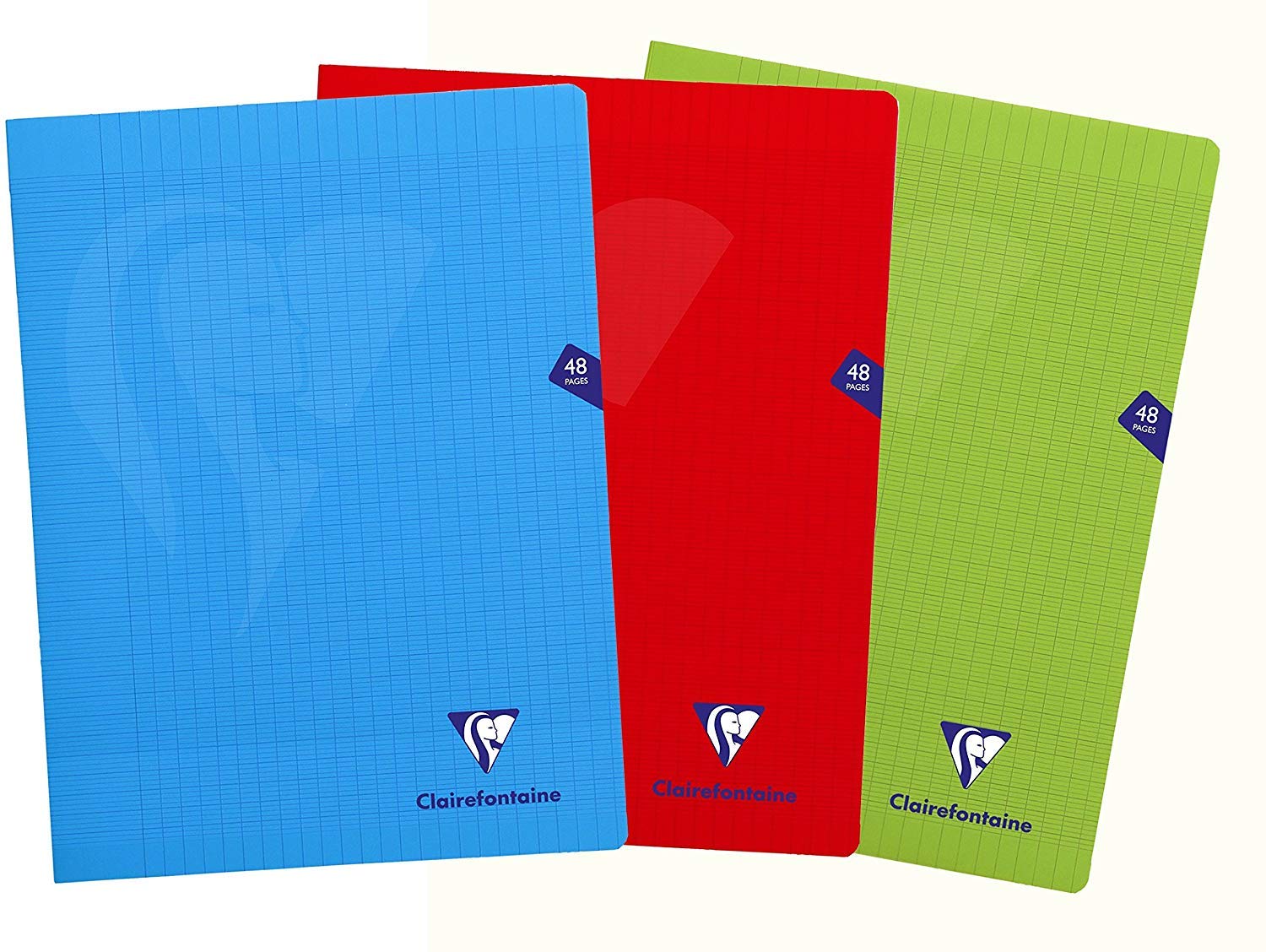 Clairefontaine 293311AMZ Set of 3 Mimesys Stapled Notebooks - 24x32cm - 48 Large Square Pages - White Paper 90g - Assorted Polypro Covers (Blue, Red + Green)
